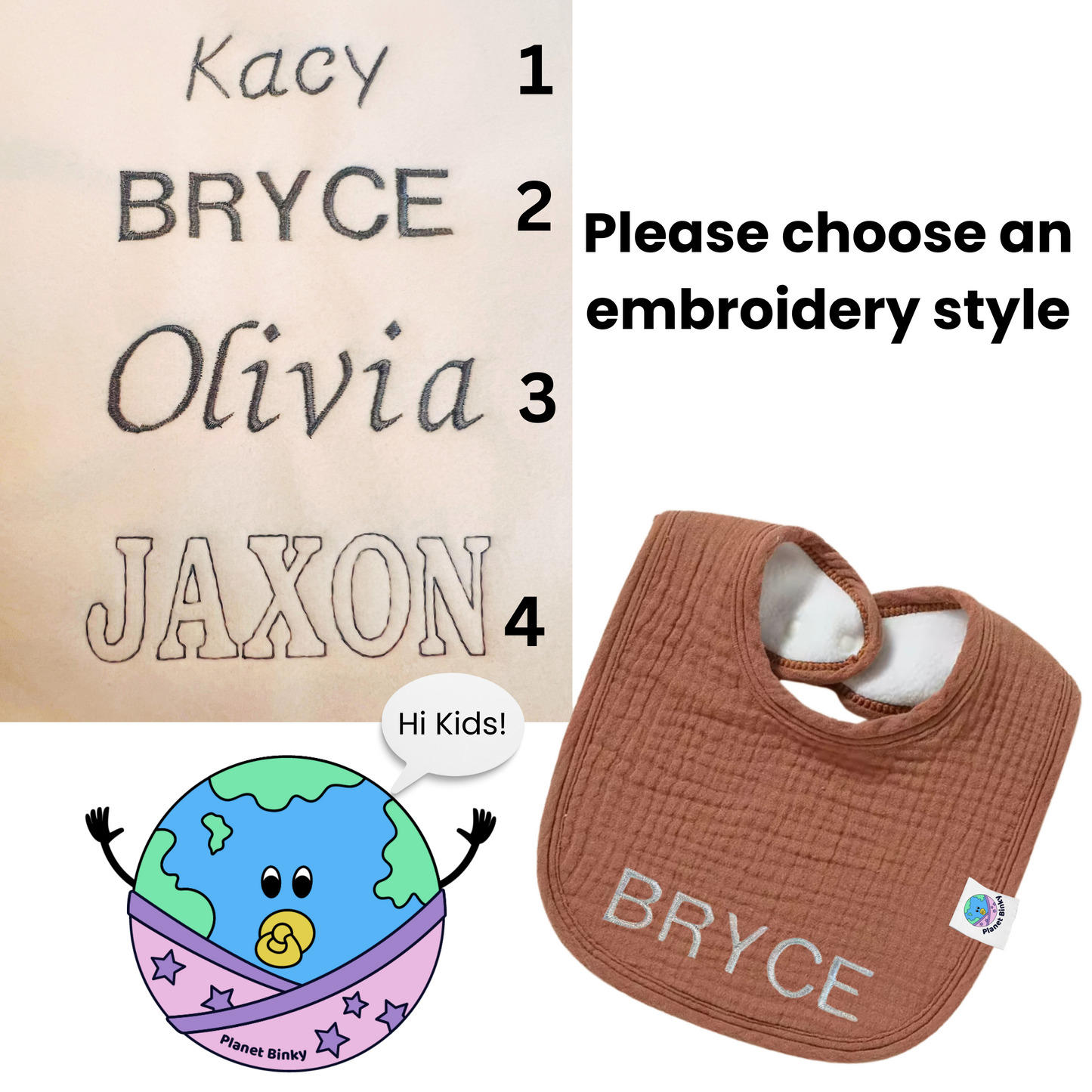 100% Premium Cotton Muslin Baby Bib With 2 Snap Closure And Fleece Backing Custom Name Embroidery Available