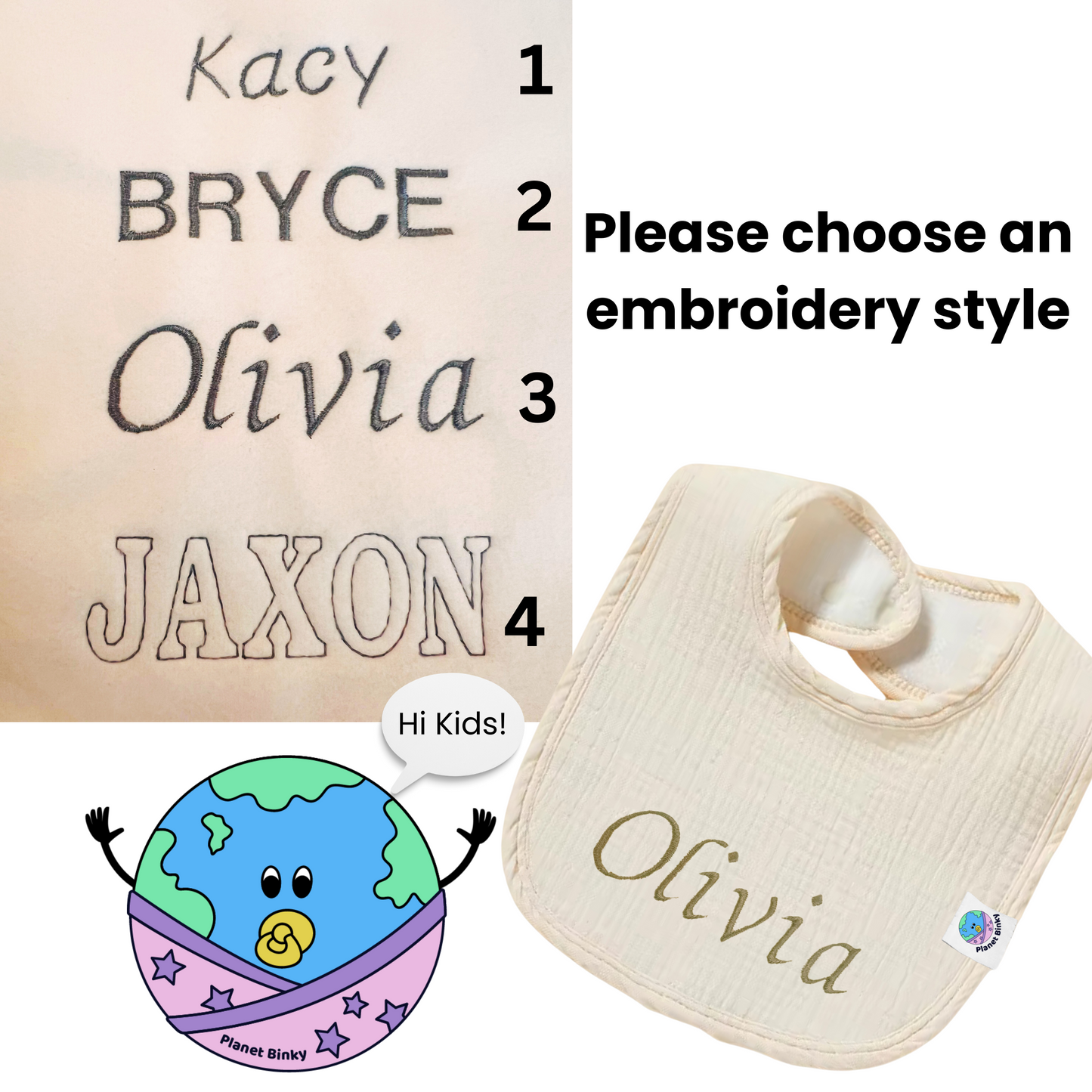 100% Premium Cotton Muslin Baby Bib With 2 Snap Closure And Fleece Backing Custom Name Embroidery Available