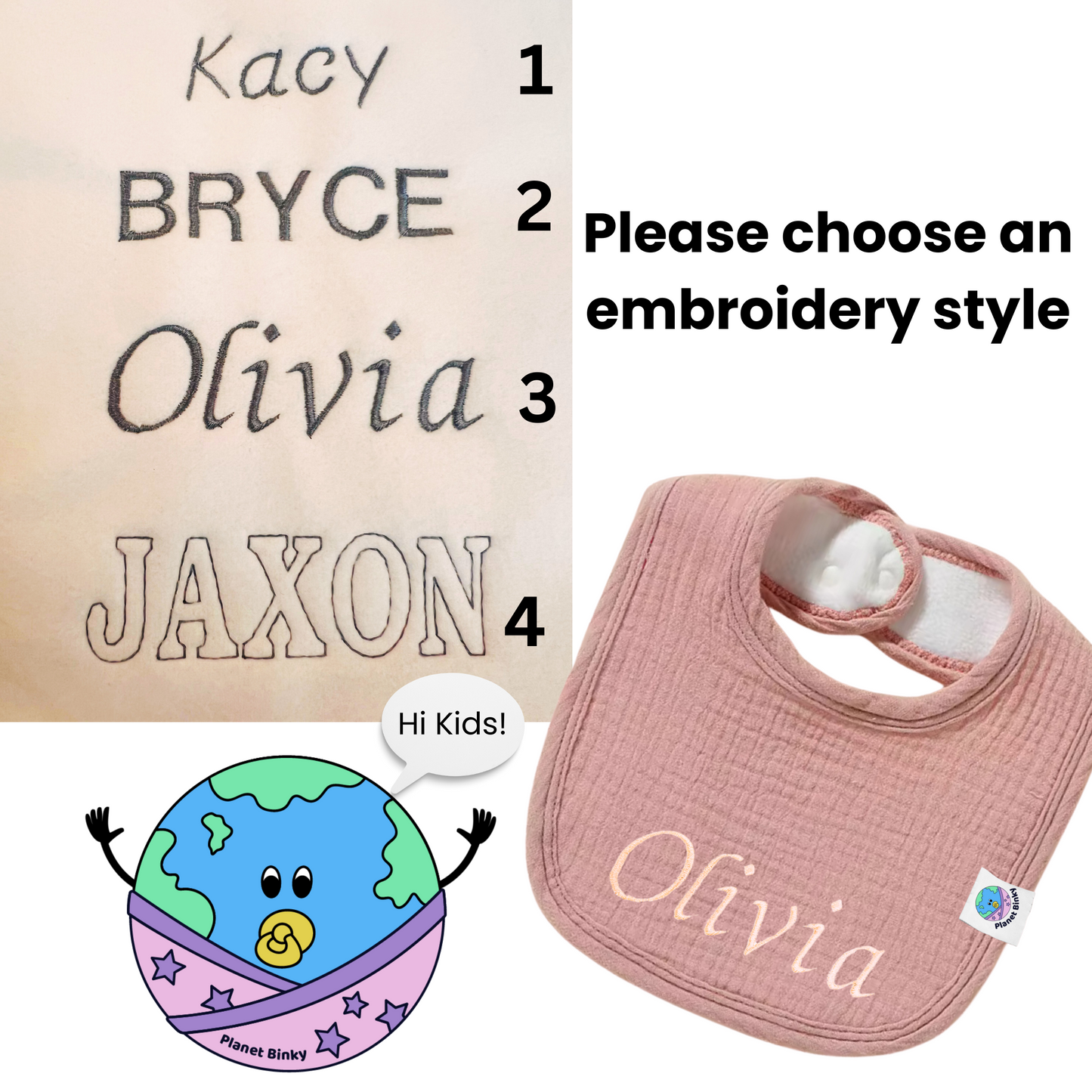 100% Premium Cotton Muslin Baby Bib With 2 Snap Closure And Fleece Backing Custom Name Embroidery Available