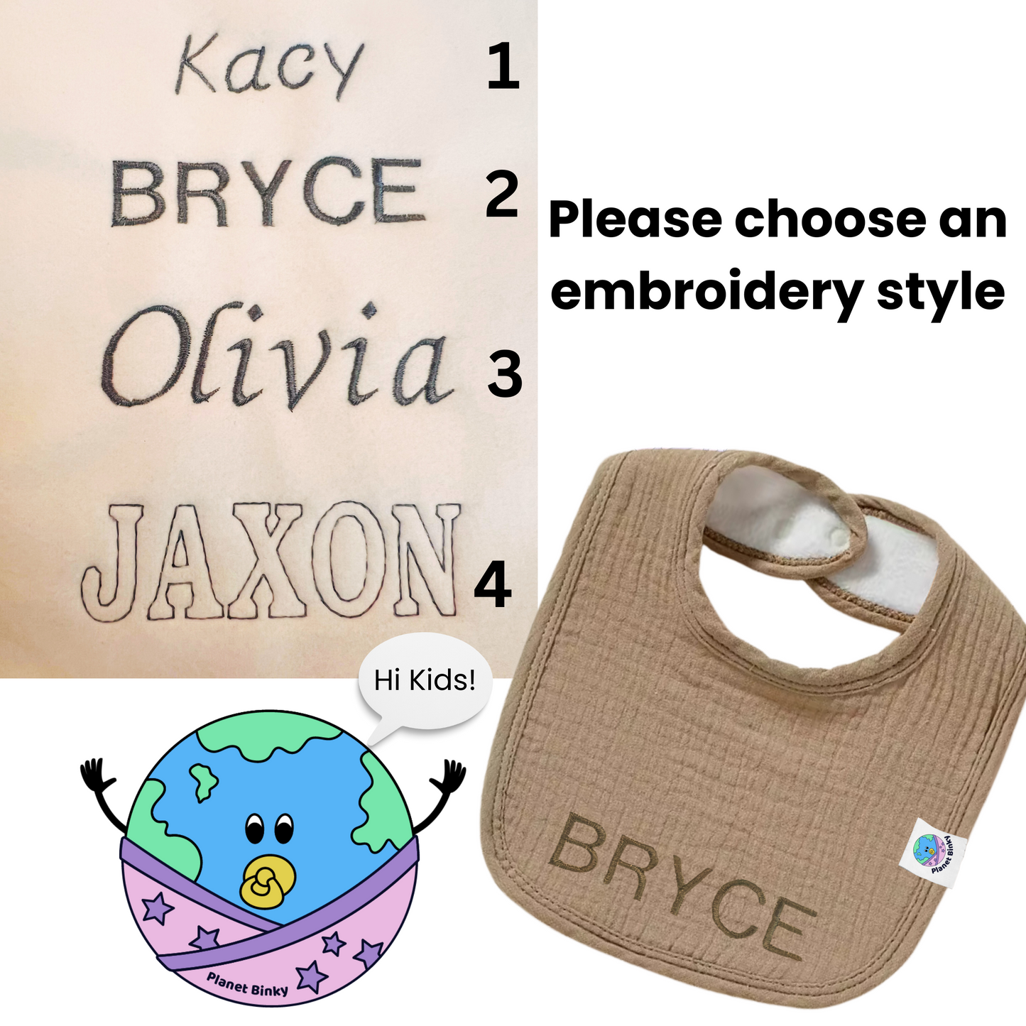 100% Premium Cotton Muslin Baby Bib With 2 Snap Closure And Fleece Backing Custom Name Embroidery Available