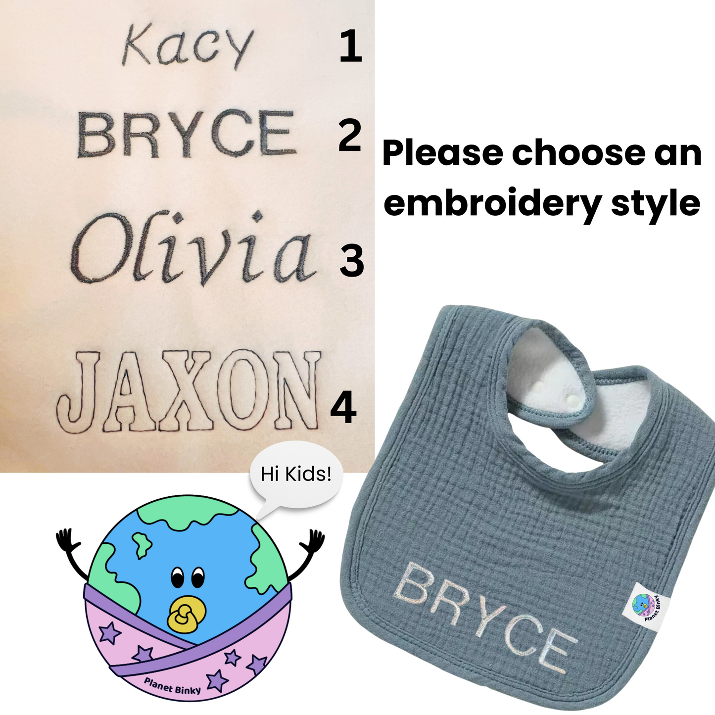 100% Premium Cotton Muslin Baby Bib With 2 Snap Closure And Fleece Backing Custom Name Embroidery Available