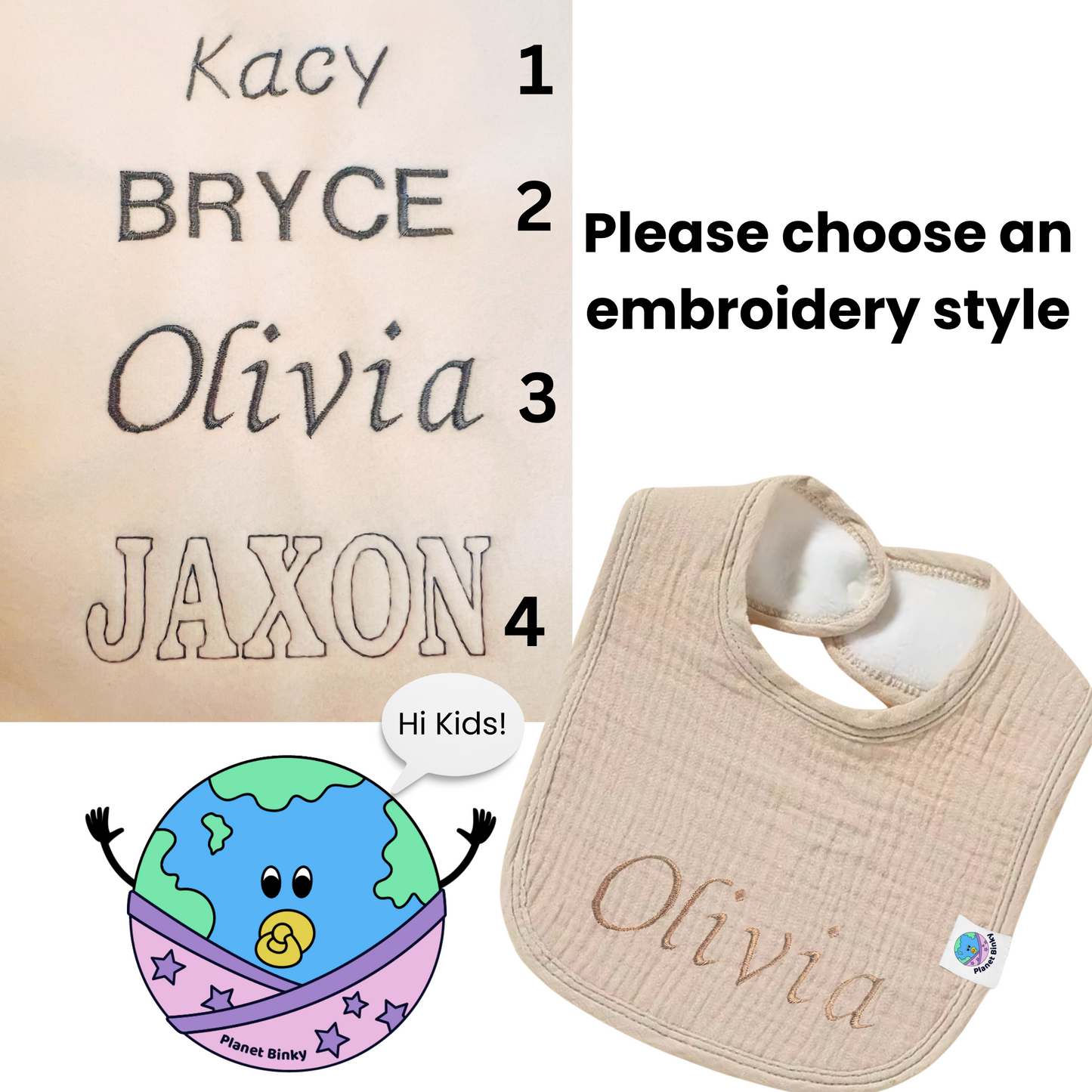 100% Premium Cotton Muslin Baby Bib With 2 Snap Closure And Fleece Backing Custom Name Embroidery Available